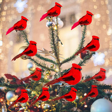 Cardinal Clip-On Christmas Tree Ornaments - Red Feathers, Set of 12, 2.8