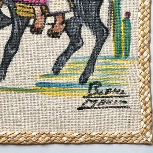 Vintage 2 Mexican Folk Art Burlap Signed Paintings Children Donkey Cactus 12x10 - Picture 9 of 10