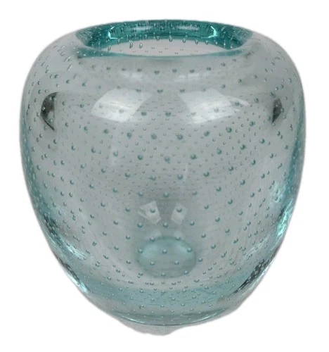 Rare Vintage Murano Art Glass Bullicante Bubble Aqua Teal 5" Heavy Vase MCM Art