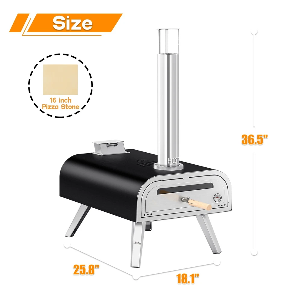 BIGHORN Grand Four à Pizza en acier inoxydable16'', Granulés + Portable, noir - Photo 2/4