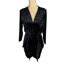 MISA Los Angeles Ophelia Black Velvet Mini Dress Long Sleeve Wrap Front Small