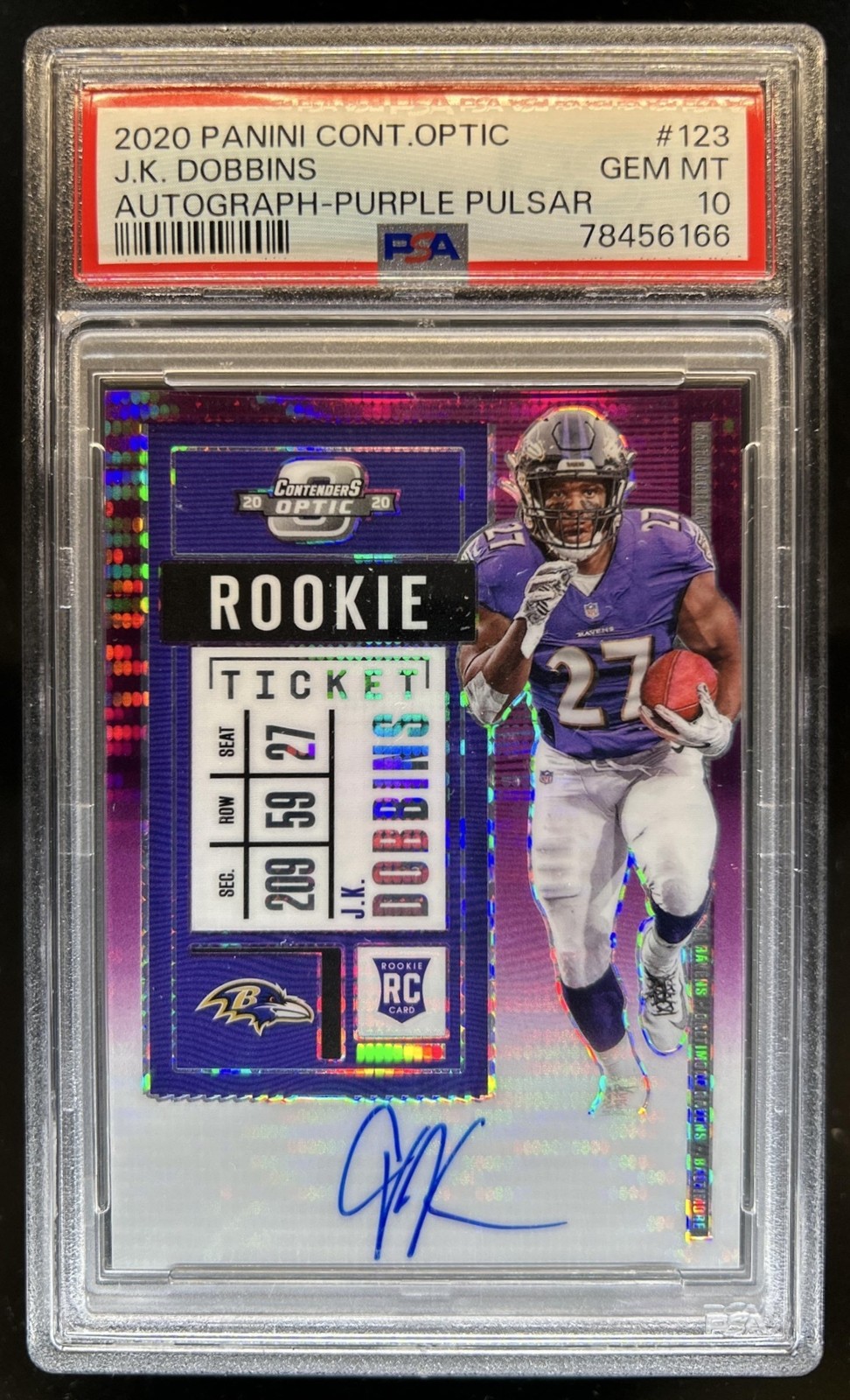 JK Dobbins Panini Contenders Optic #123 Autograph-Purple Pulsar