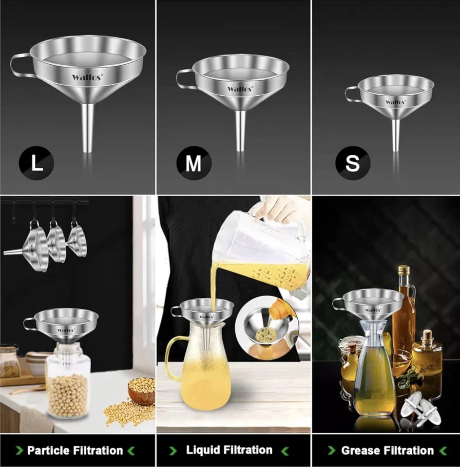 3 Pack Stainless Steel Funnel, with 2 Removable Strainer ＆ 1Pcs Cleaning Brush - Image 3 of 4