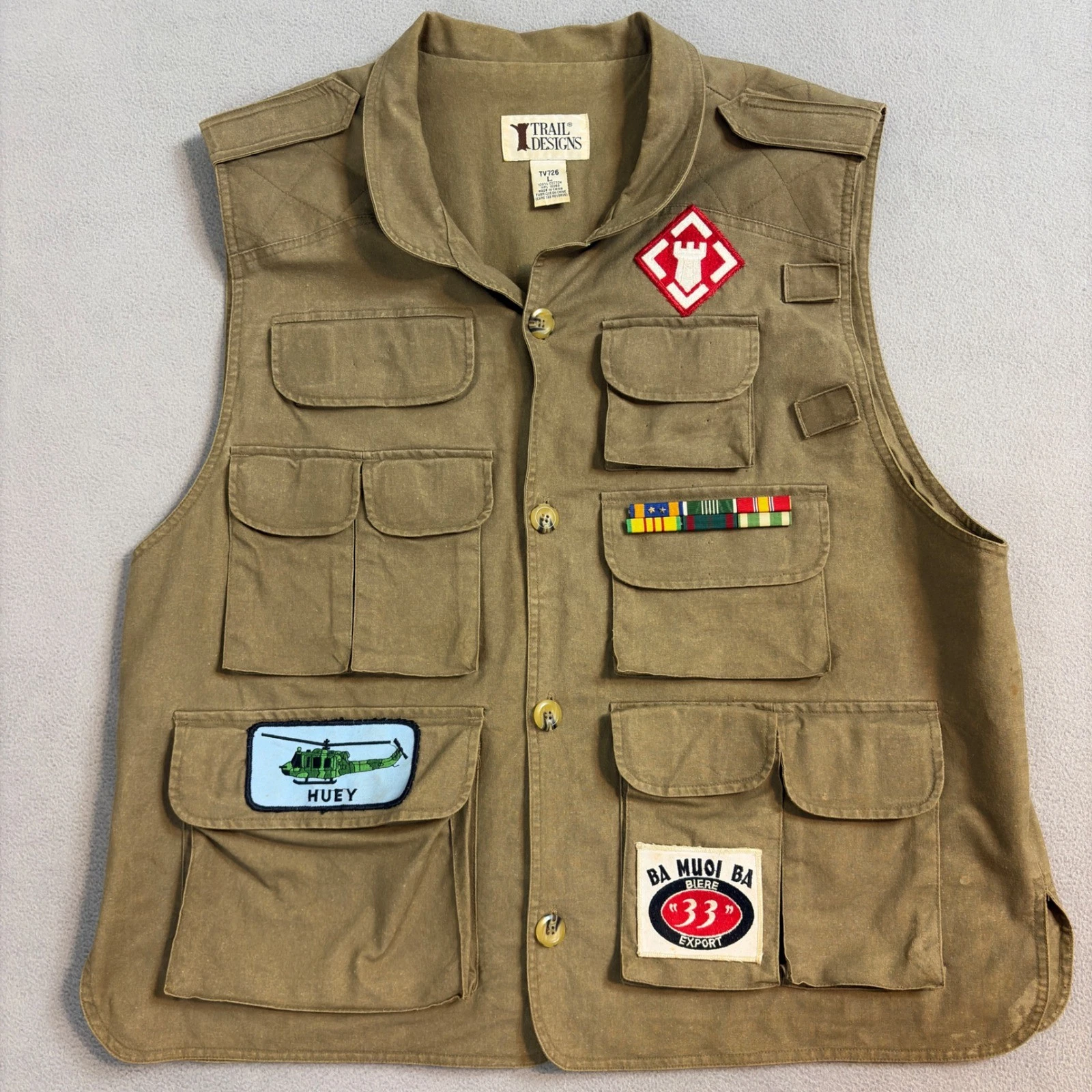 Vintage Trail Designs Tan Khaki Utility Vest Men Large Vietnam Veteran Patches
