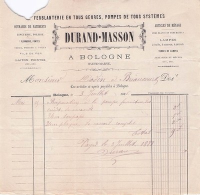 52 HAUTE-MARNE BOLOGNA, Spengler, DURAND-MASSON 1889 Pumpen, Lampen
