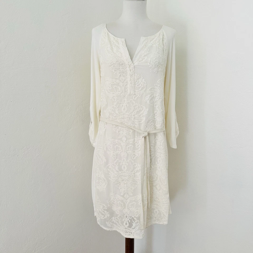 Anthropologie Tiny Shirt Dress Womens Medium Mini Cream Floral Embroidered - Image 2 of 4