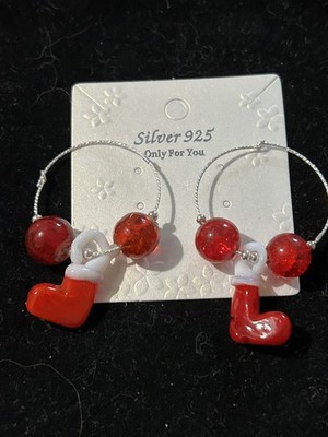 Rot & Weiß Glas Lampwork Weihnachtsstrumpf 925 30 cm Glitzer Creolen