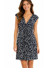 Chaps Size S Black Geometric Print V-neck Cap Sleeve Dress Knotted Front NEW