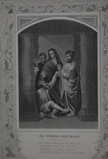 Antique Religious Art Withered Hand Healed 1860 Engraving Christian Original