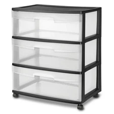 Drawer, 3 Drawer Wide Plastic Storage Cart with Clear Pull Out Drawers, Black