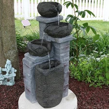 Cascading Stone Bowl Solar Water Fountain with LED Lights - 27 in by Sunnydaze
