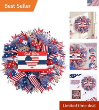 Patriotic Wreath for Front Door, 24 inch 4th of July Decorations with Red Whi...