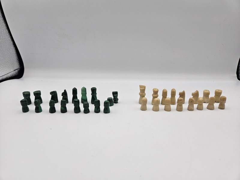 Miniature Chess pieces malachite and white stone, Broken Green King no board