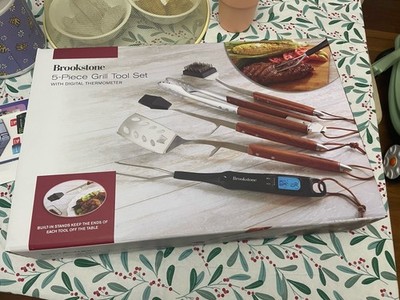 Brookstone Deluxe 5 Piece BBQ Tool Set with Rosewood Handles NEW in Box Dad Gift