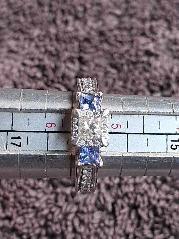 14k White Gold Princess Diamond Blue Sapphire Three Stone Engagement Ring 6 - Image 4 of 4