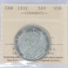 1932 Canada Silver 50 Cents ICCS VG8 - Key Date