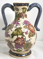 VINTAGE CERAMIC GRAPES & LEAVES DESIGN EWER PITCHER JUG DOUBLE HANDLED 10"HIGH