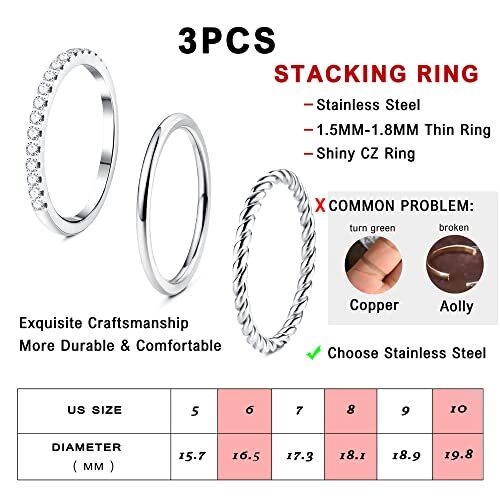 3Pcs CZ Stacking Rings for Women Stainless Steel Twisted Midi Knuckle Ring CZ We - Bild 4 von 6
