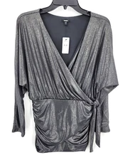 Express Top Womens Medium Gray Metallic Mock Wrap Ruched Stretch Party Holiday