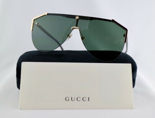 Gucci GG0584S 002 Sunglasses Gold Frame Havana Arms Green Lens Unisex Shield - Afbeelding 1 van 6