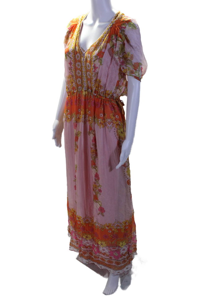 Hale Bob Womens Floral V Neck Short Sleeve Maxi Dress Pink Orange Size