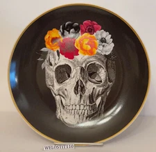 HALLOWEEN SKULL W/ FLOWERS IN HAIR DINNER PLATES. Harvest Green Studio. SET-4