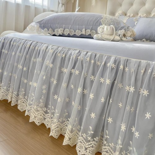 4 Pieces Bedding Set Luxury Lace Embroidered Duvet Cover Bed Skirt 2 Pillowcases - Picture 19 of 26