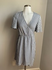 Show Me Your Mumu Dress Small Blue White Striped Wrap V-Neck Short Sleeve Mini