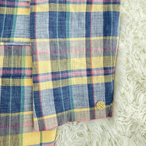 Club Room Plaid Linen Blend Blazer Sport Coat Pastel Yellow Blue Mens 40S - Picture 8 of 15