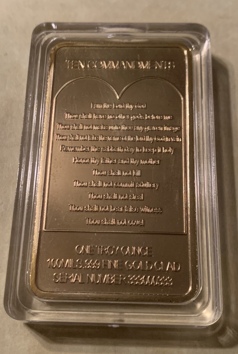 Jesus Christ Crucified & 10 Commandments Gold Plated Bar Metal Coin In Protective Capsule