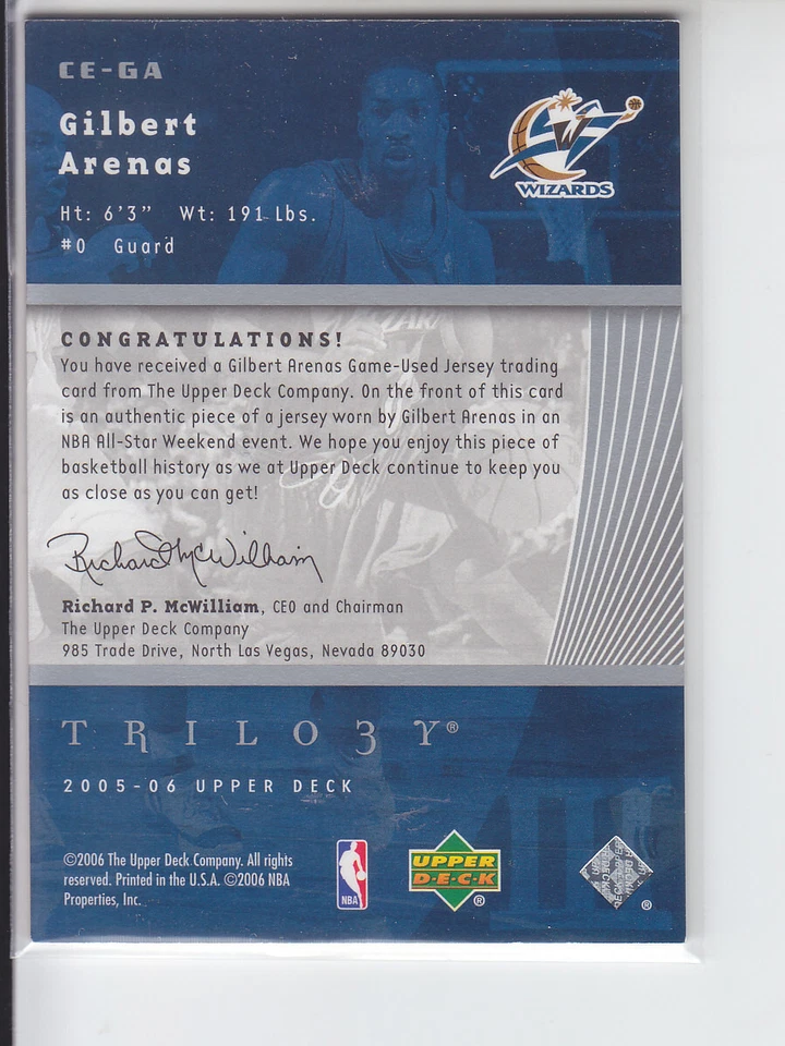 2005-06 Upper Deck Trilogy The Cutting Edge #GA Gilbert Arenas SP Jersey Wizards - Image 2 of 2