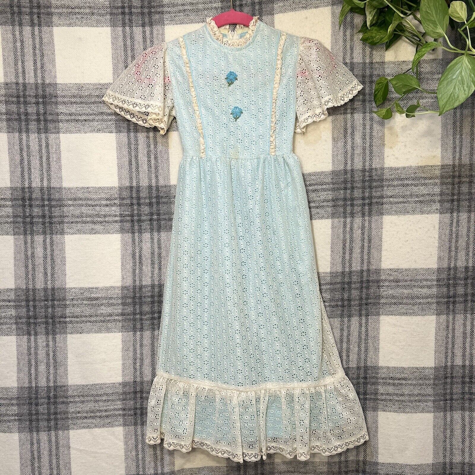 Vintage 1960s Childrens Blue Lace Dress Flutter S… - image 1