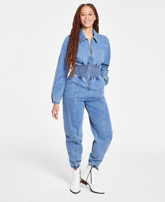 Steve Madden Women's Denim Smock-Waist Jumpsuit, Light Blue Sz-S