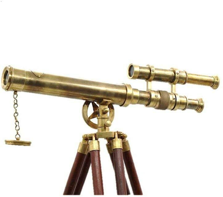 Nautical Brass Telescope With Wooden Tripod Stand Double Barrel Marine