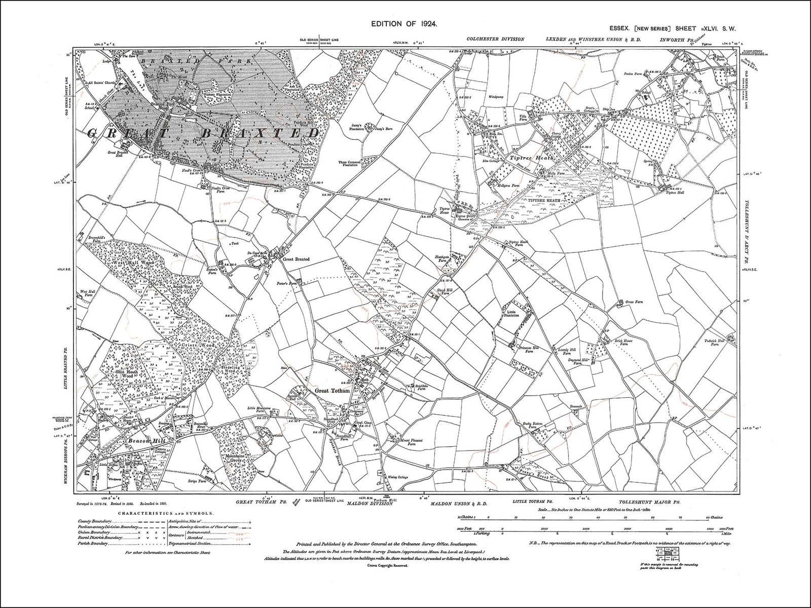 Old map Great Totham, Tiptree Heath, Great Braxted, Essex 1924 (46SW