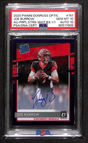 2020 PANINI OPTIC JOE BURROW PURPLE STARS AUTO AUTOGRAPH WHITE BOX 1/1 PSA 10/10
