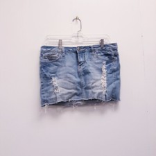 Zanadi ZD Blue Jean Mini Skirt Stretch Faded Embellished Destroyed Raw Hem sz 9