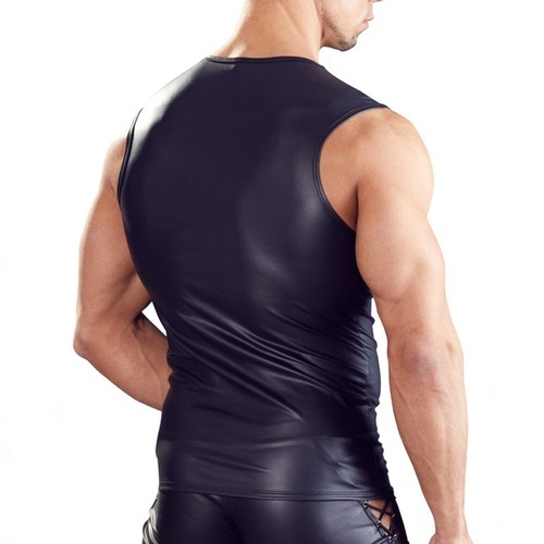 Mens Underwear Tights Black Faux Leather Sheer T-Shirt Sexy Vest Muscle Tank Top - Picture 7 of 7