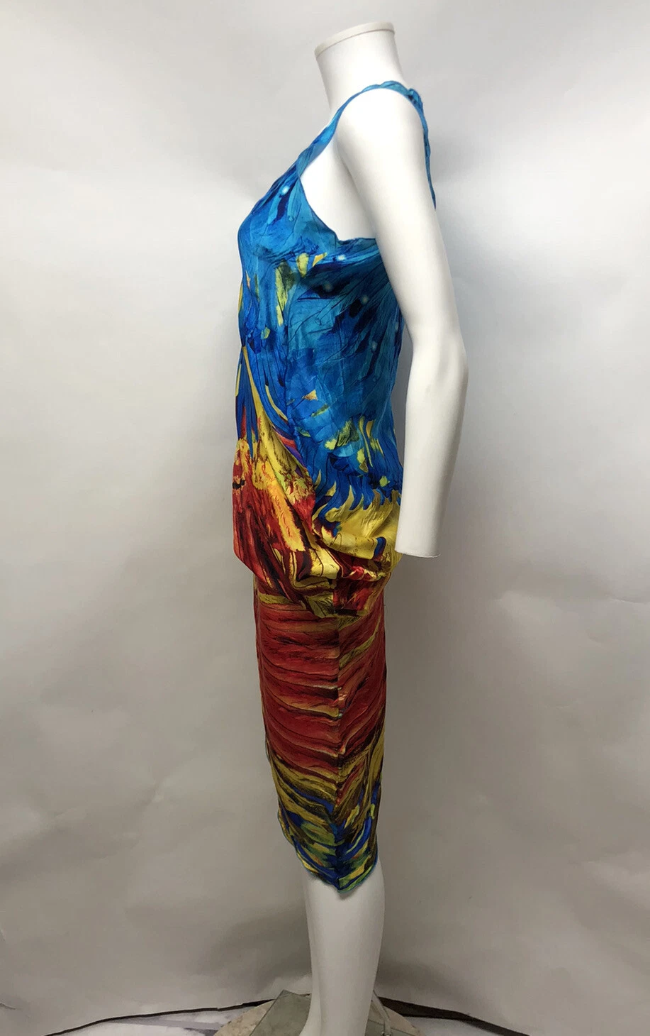 Abito vintage Alexander McQueen SS2003 ""Irere"" con stampa piuma blu 42 M