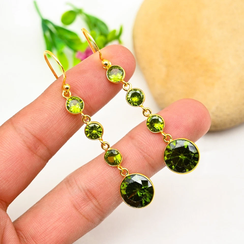 Dainty Peridot Gemstone Dangle Earring 925 Sterling Silver Handmade Jewelry Gift - Image 2 of 4