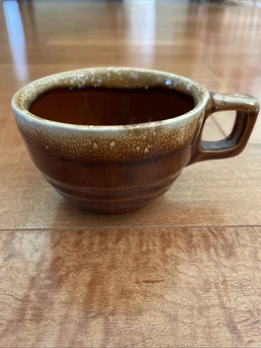 Vintage Monmouth Western Pottery Brown Drip Soup Mug Bowl w/Handle Maple Leaf