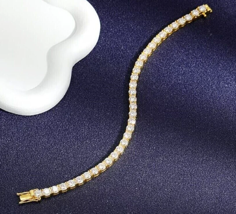 Brazalete tenis diamante simulado corte redondo de 6,50 quilates chapado en oro amarillo de 14 quilates de 7" Foto 3 de 4