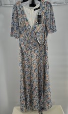 Ralph Lauren Midi Dress Women 10 Blue Georgette Floral Belted Chiffon Flounce