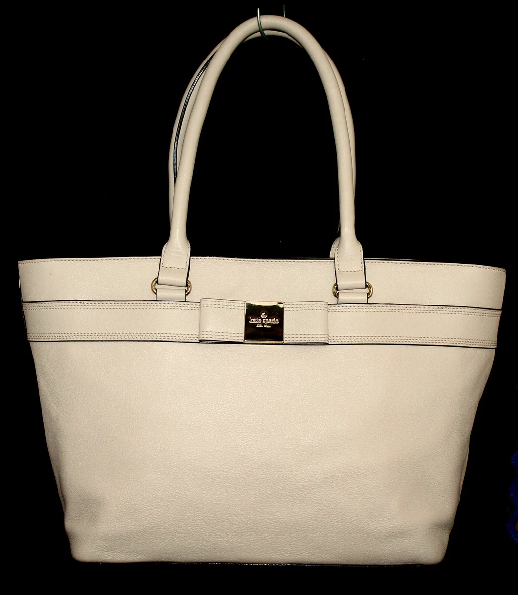 KATE SPADE Cream Beige Leather Bow Bag Tote Gold Double Handle Zip Top