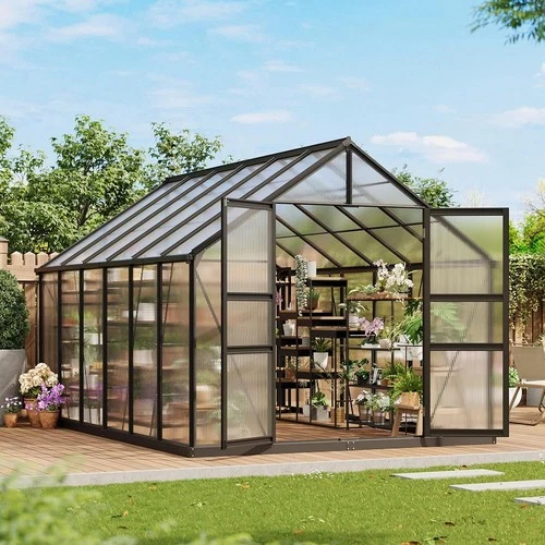 8'x12' Walk-in Greenhouse Aluminum Polycarbonate Lockable Door Roof Vent Garden