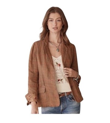 Sundance Edson Hill Plaid Linen Blazer Jacket Women s XS Orange Floral Lining
