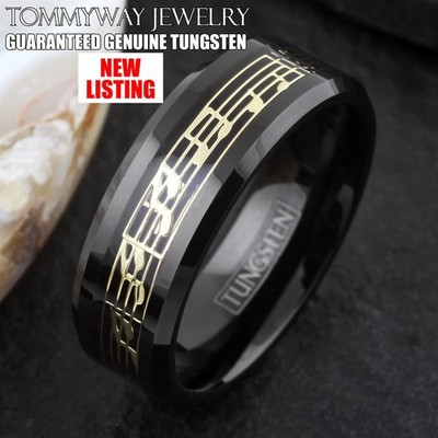8mm Black Tungsten Carbide Men's Gold Music Note Inlay Wedding Band Ring