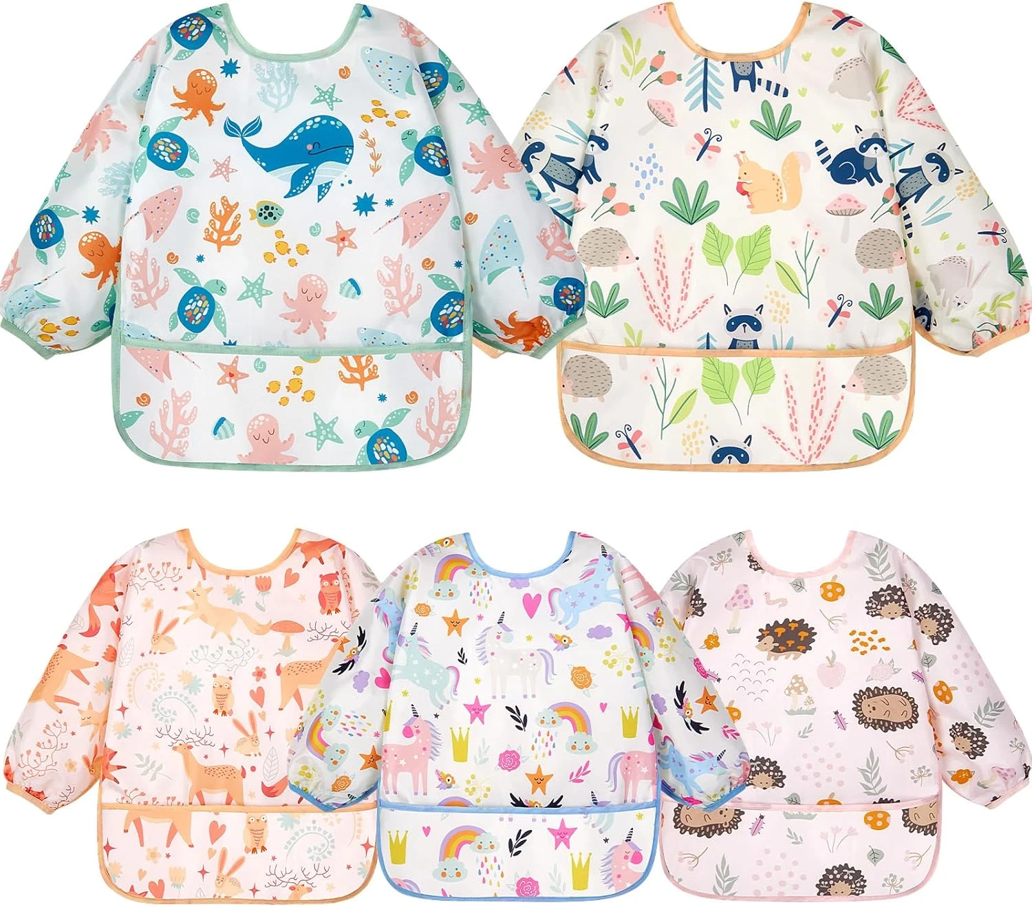Long Sleeve Bibs 5 Pack - Baby Bibs, Waterproof Toddler Bibs, Baby Smock for Eat
