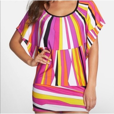 Trina Turk Womens Psychedelic Geometric Print Batwing Tunic Top Multicolor Large