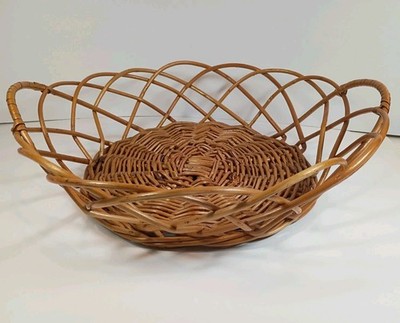 Vintage Wicker Woven Rattan Open Loop Large Round Fruit Basket with Handles 